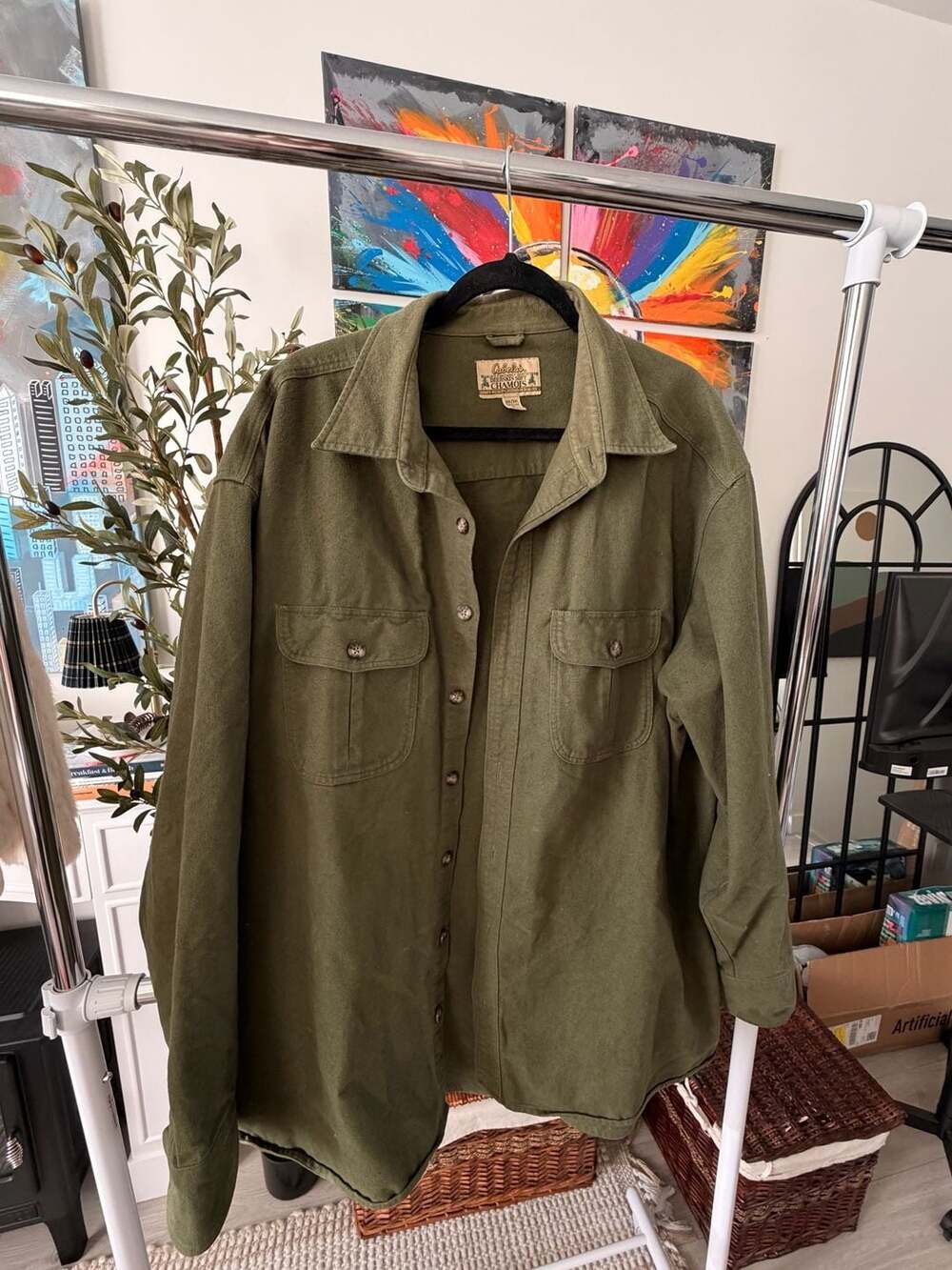 Dark Green Cotton Button Up Shirt Cabela Deerskin Soft Chamois Workwear 2XL Tall